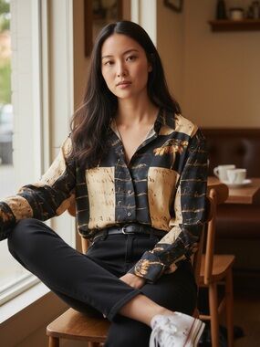 Equipment silk script palm print button down blouse black beige sm